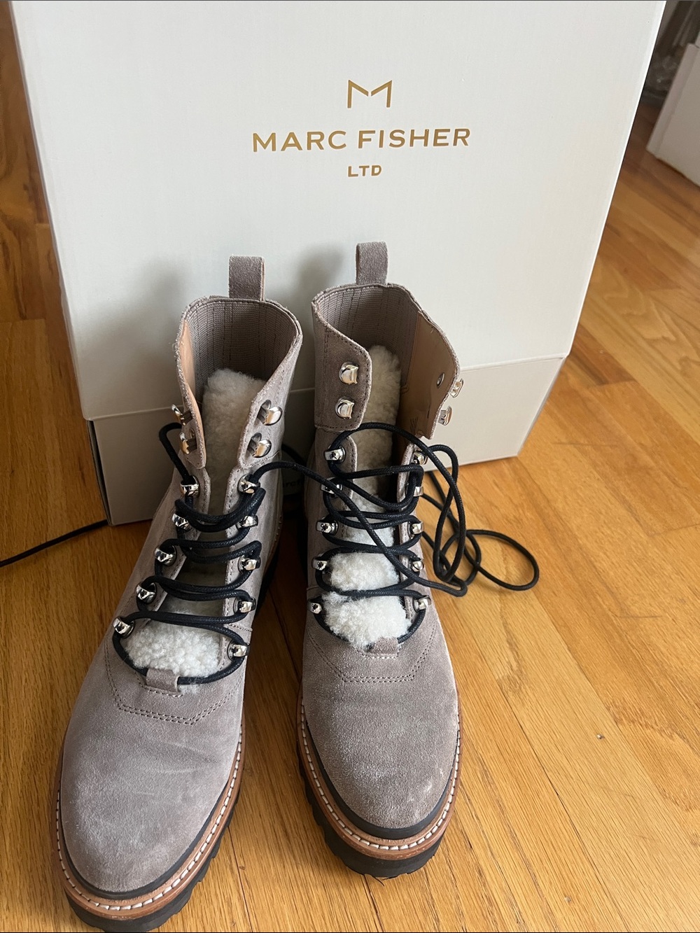 Marc Fisher Taupe Suede Shearling Lace-Up Izzie Boots - comes with original box